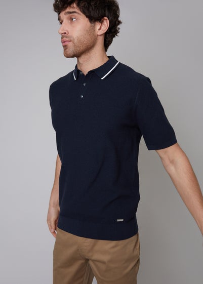 Threadbare Navy Cotton Mix Tipping Collar Short Sleeve Knitted Polo