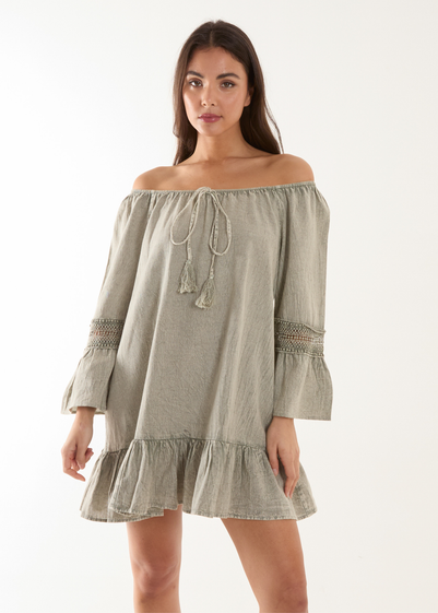 Blue Vanilla Khaki Lace Trim Tunic Dress