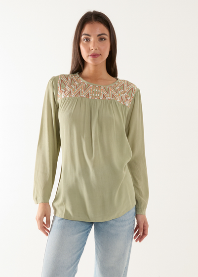 Blue Vanilla Khaki Embroidered Top