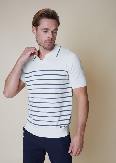 Threadbare Ecru Cotton Mix Trophy Neck Striped Short Sleeve Knitted Polo