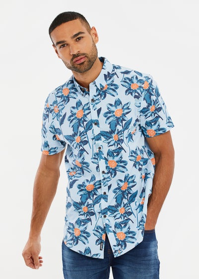 Threadbare Mint Cotton Tropical Print Short Sleeve Shirt