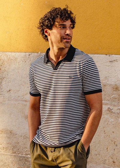 Threadbare Navy Open Collar Striped Pique Polo Shirt