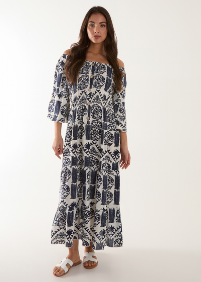 Blue Vanilla Navy Printed Coconut Button Dress