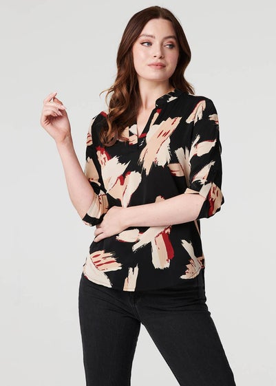 Izabel London Black Printed Collarless V-Neck Blouse