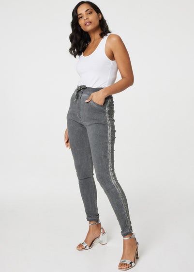 Izabel London Grey Denim Embellished Side Jeggings