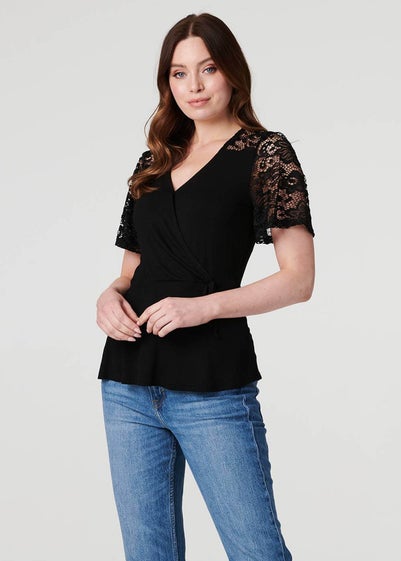 Izabel London Black Lace Sleeve V-Neck Peplum Top