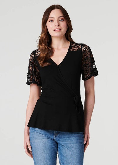 Izabel London Black Lace Sleeve V-Neck Peplum Top