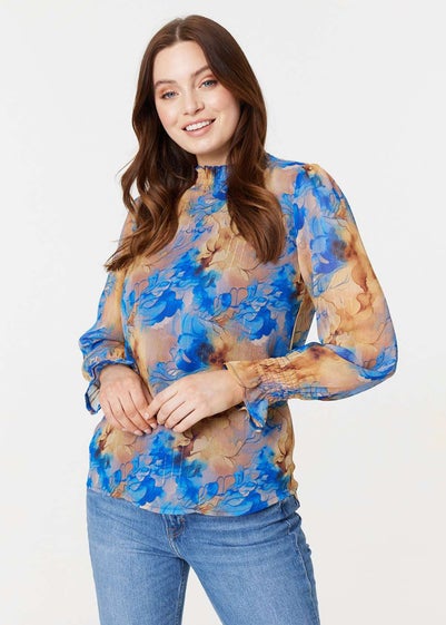 Izabel London Blue Printed High Neck Long Sleeve Blouse