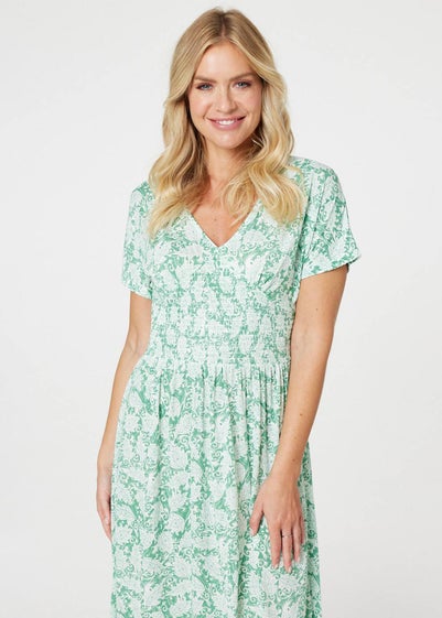 Izabel London Green Paisley Shirred Detail Midi Dress