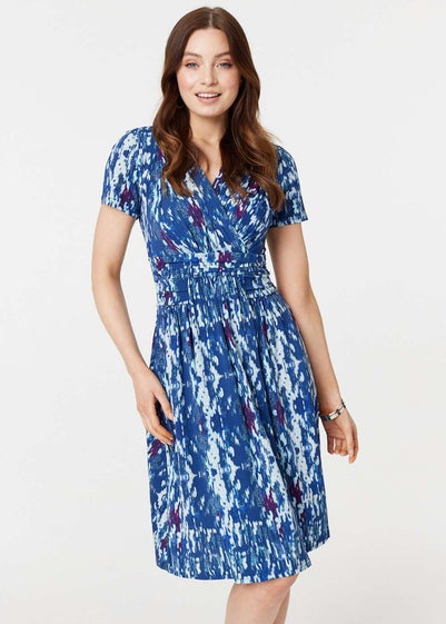 Izabel London Blue Tie Dye Faux Wrap Short Dress