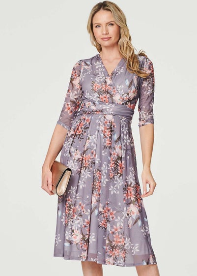 Izabel London Grey Floral Layered V-Neck Midi Dress