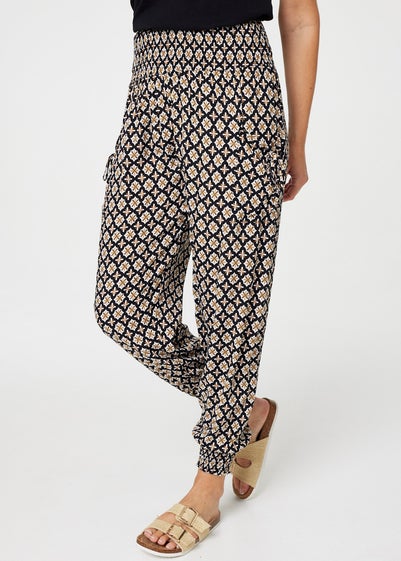 Izabel London Black Mosaic Print Shirred Harem Pants