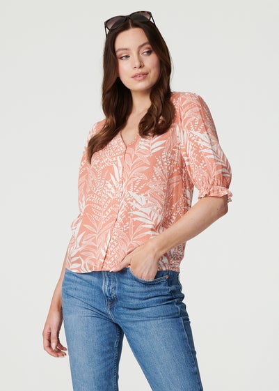 Izabel London Pink Leaf Print Puff Blouse