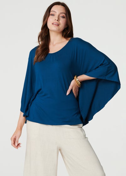 Izabel London Blue Plain Round Neck Batwing Top