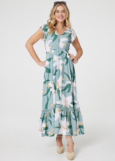 Izabel London Green Lilly Print Lace Trim Maxi Dress