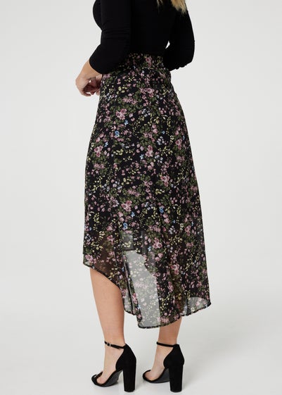 Izabel London Black Floral Semi Sheer High Low Skirt