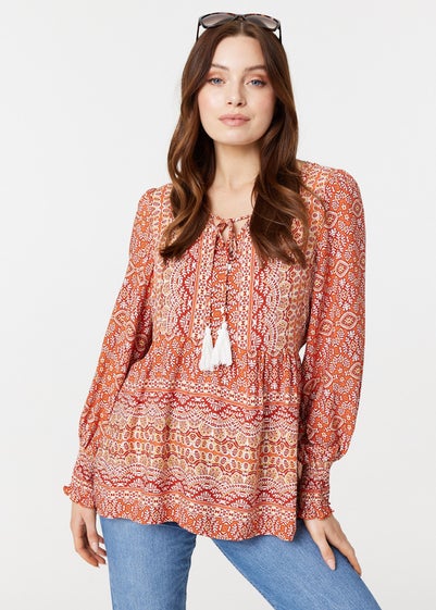 Izabel London Orange Printed Tassel Drawstring Blouse