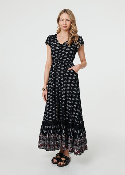Izabel London Black Printed V-Neck Lace Hem Maxi Dress