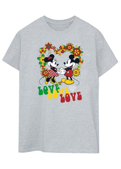 Disney Mickey Mouse Hippie Love Heather Grey Printed Boyfriend Fit T-Shirt