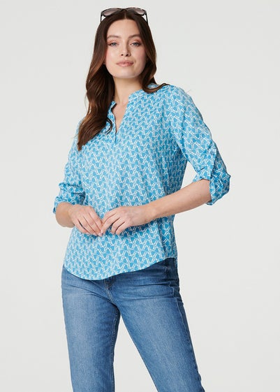 Izabel London Blue Printed Turn-Up Sleeve Blouse