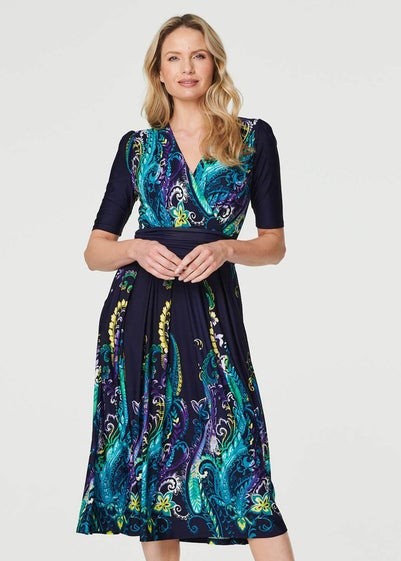 Izabel London Teal Printed Ruched Waist Midi Dress