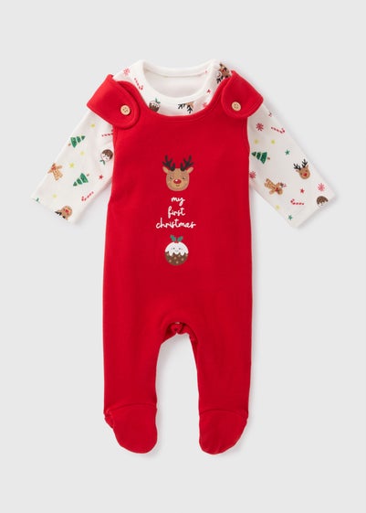 Baby Red Christmas Dungaree & Top Set (Newborn-12mths)