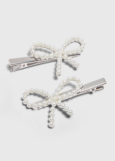 White Pearl Bow Clips