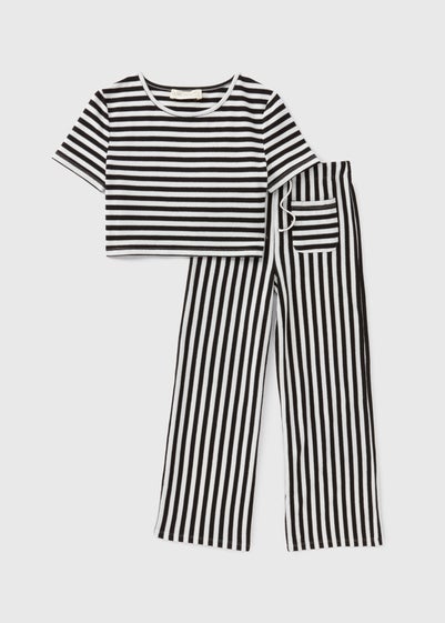 Girls Black Mono Stripe Wed Leg Trousers & Top Set (7-13yrs)