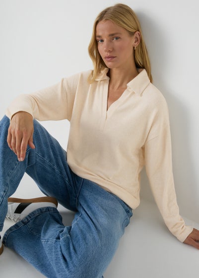 Beige Collared V-Neck Top