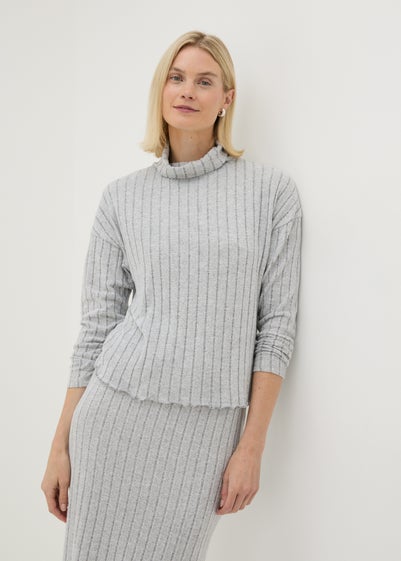 Grey Ribbed Soft Touch High Neck Top