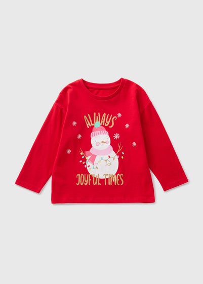 Girls Red Snowman Long Sleeve Top (1-7yrs)