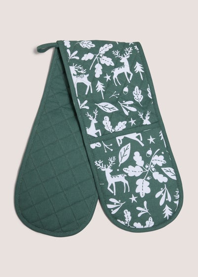 Green Winter Stag Oven Gloves (18cm x 92 cm)