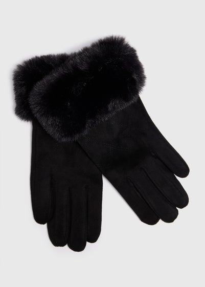 Black Faux Fur Trim Gloves