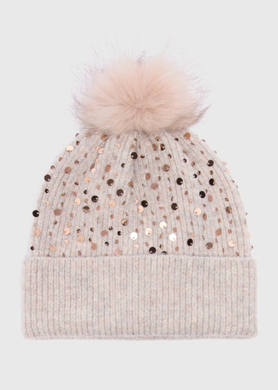 Rose Gold Sequin Pom Beanie