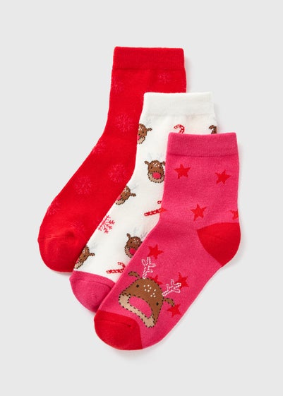 3 Pack Girls Pink Reindeer Socks (Younger 6-Older 5.5)