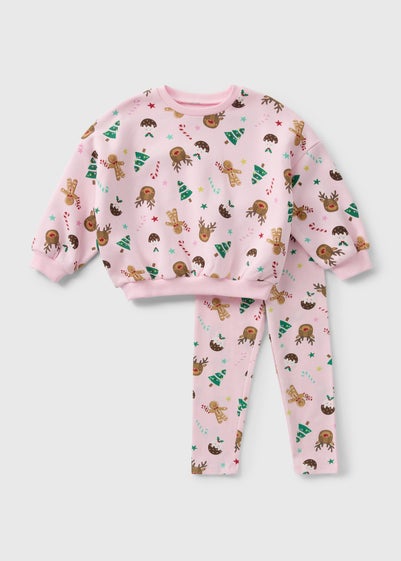 Girls Pink Christmas Print Sweatshirt & Leggings Set (1-7yrs)