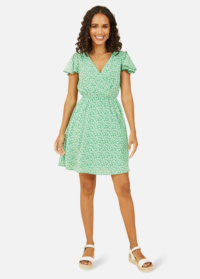 Mela Green Ditsy Print Bardot Dipped Hem Dress - Matalan