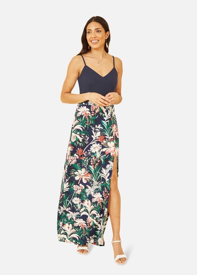 Mela Navy Leaf Print Jersey Maxi Dress With Split Hem