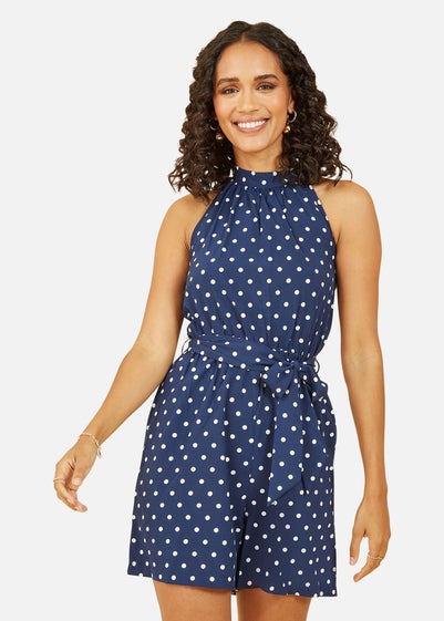 Mela Navy Spot Print Halter Neck Playsuit