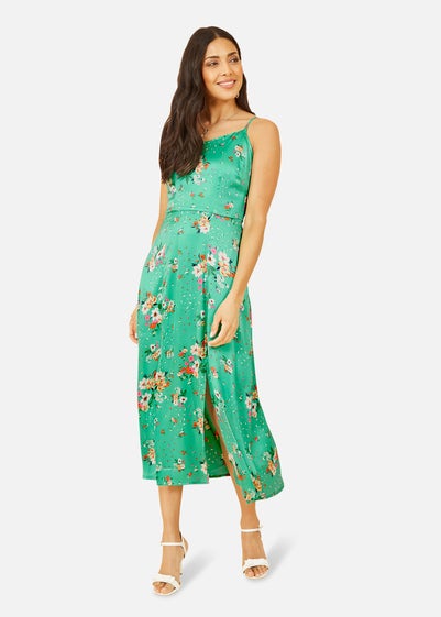 Yumi Green Satin Floral Slip Sundress