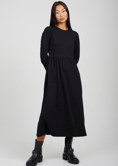 Brave Soul Black Cotton Marge Long Sleeve Midi Smock Dress