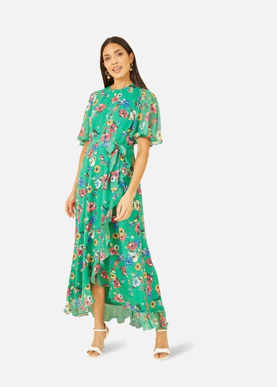 Yumi Green Floral Bird Print Midi Frill Dress