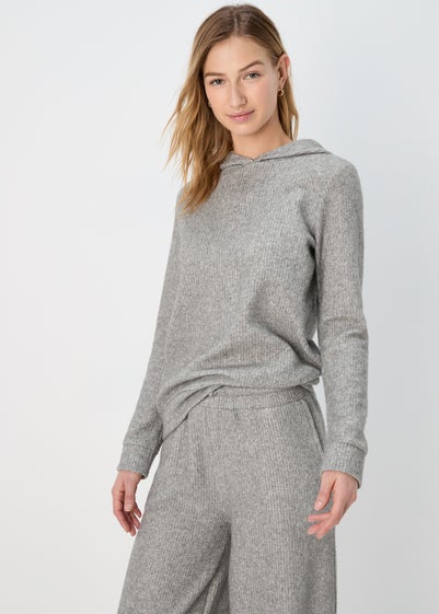 Grey Ribbed Pullover Hoodie - Small