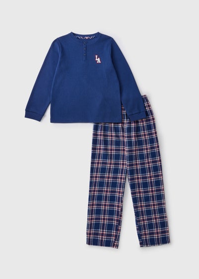 Boys Navy LA Check Bottom Pyjama Set (7-13yrs)