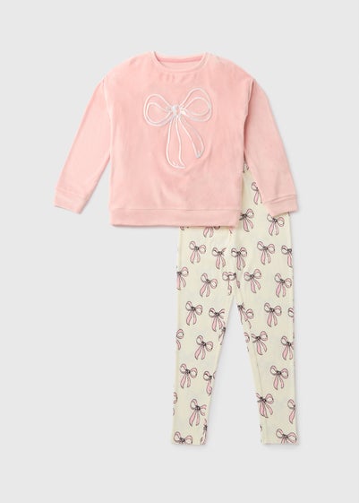 Girls Pink Bow Velour Pyjama Set (7-13yrs)