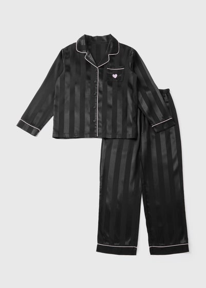 Girls Black Stripe Satin Pyjama Set (4-12yrs)