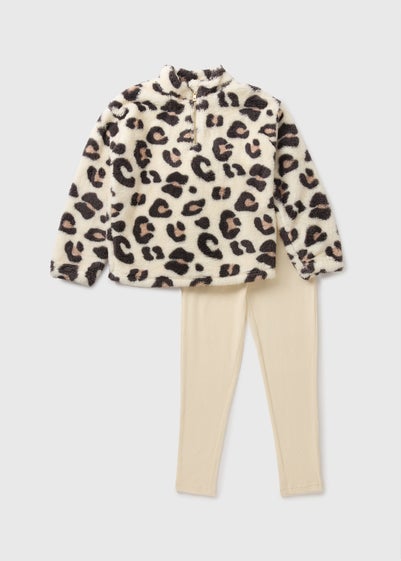 Cream Girls Leopard Print Half Zip Fleece & Leggings Loungewear Set (7-13yrs)