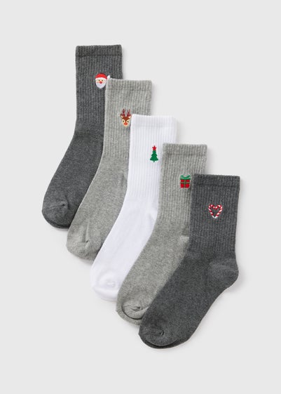 5 Pack Grey Christmas Crew Socks