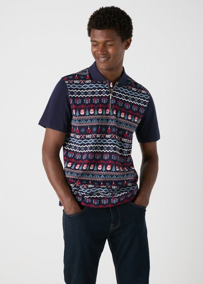 Navy Christmas Print 1/4 Zip Polo Shirt