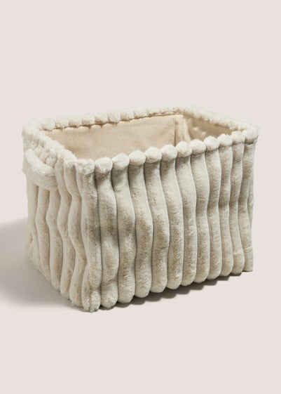 Cream Ribbed Fur Storage Basket (47cm x 34cm x 38cm)